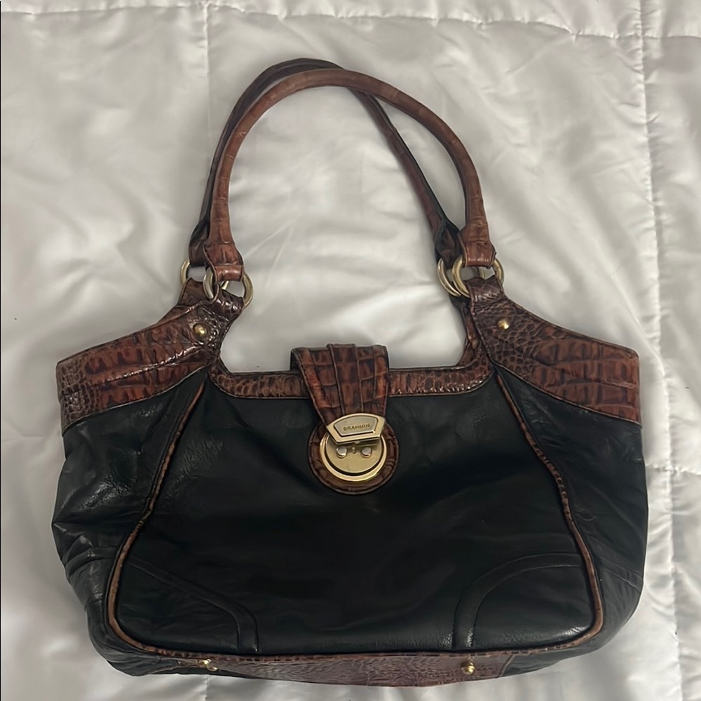 Vintage Brahmin Black Brown Embossed Croc Genuine Leather Tote Bag Purse